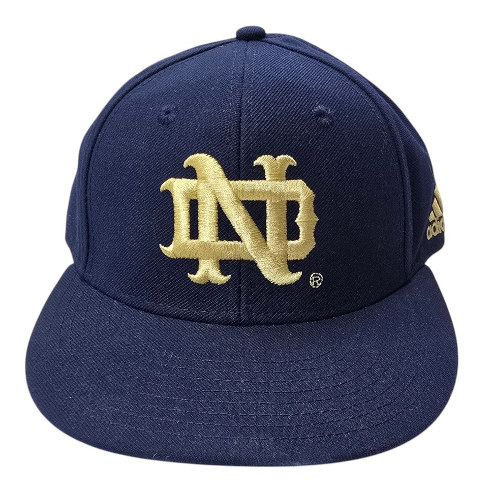 Adidas Notre Dame Hat Mens 7 3/8 Navy Blue Gold Climalite Fitted Flat Brim Cap